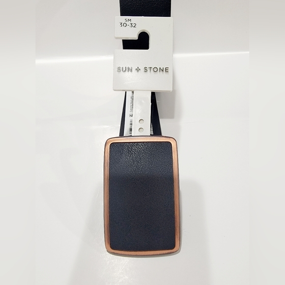 Sun + Stone Mens Faux Leather Plaque Buckle Belt Black - Picture 2 of 6